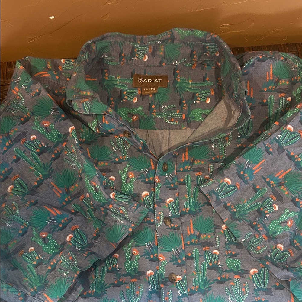 Ariat Blue Button-Up with Green Cactus Print and Orange Details